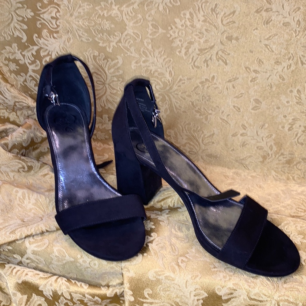 Black open toe ankle strap suede shoes 3 inch block heel for comfort size S 9